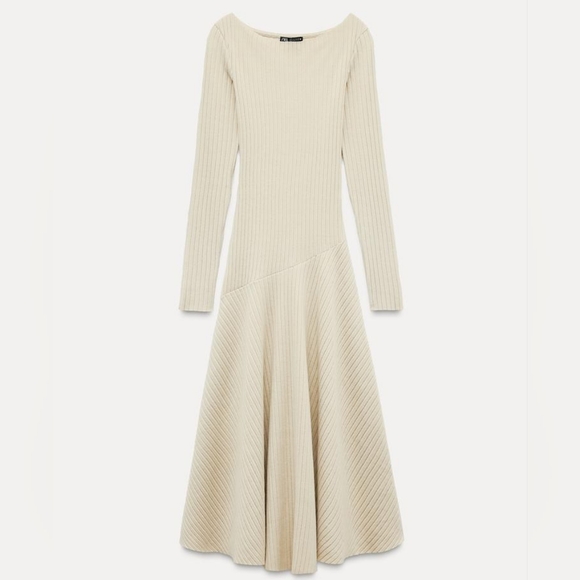 Zara 3253/850 Ecru Tilted Drop Waist Ribbed Dress - Picture 6 of 13